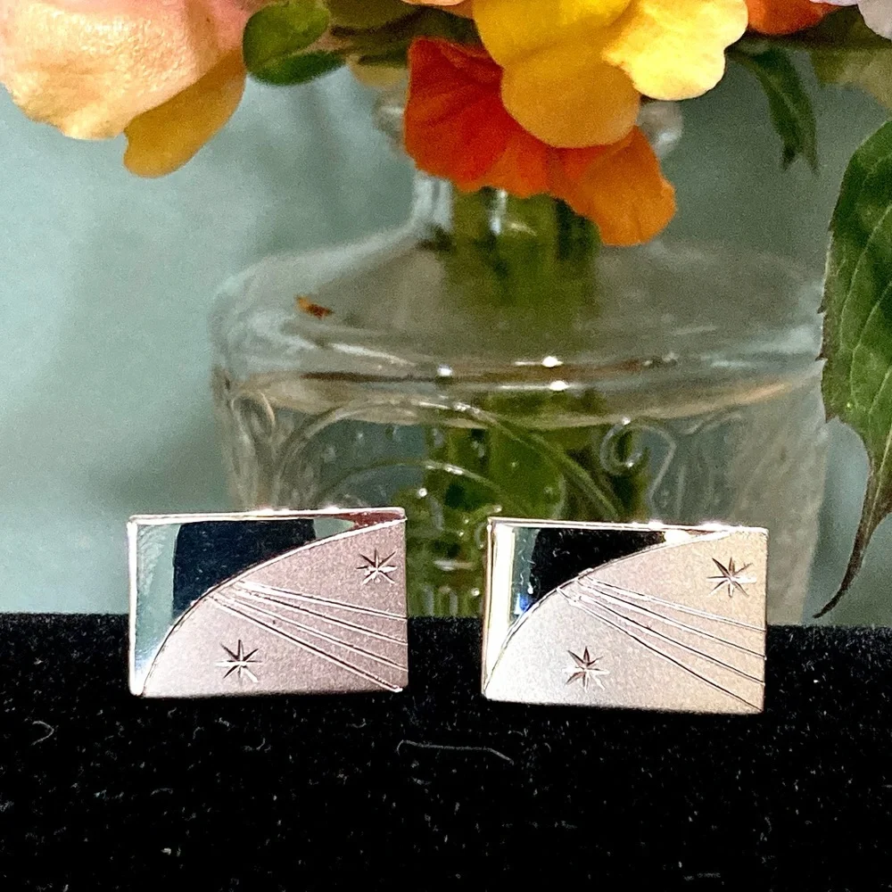 Vintage Sterling Silver brushed/high polish starburst rectangular cuff links